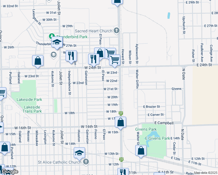 map of restaurants, bars, coffee shops, grocery stores, and more near 502 West 21st Street in Plainview