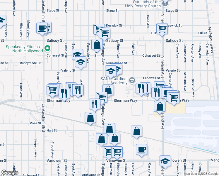 map of restaurants, bars, coffee shops, grocery stores, and more near 7249 Bakman Avenue in Los Angeles
