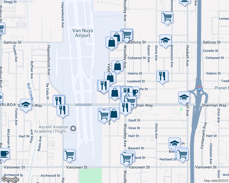 map of restaurants, bars, coffee shops, grocery stores, and more near 16138 Wyandotte Street in Los Angeles
