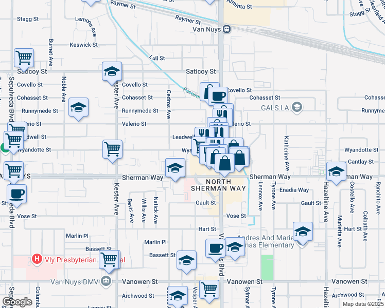 map of restaurants, bars, coffee shops, grocery stores, and more near 14600 Wyandotte Street in Los Angeles