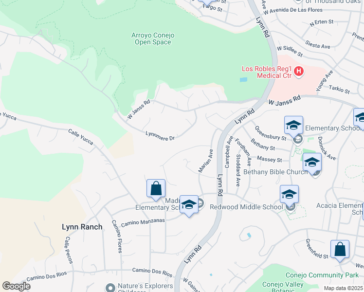 map of restaurants, bars, coffee shops, grocery stores, and more near 637 Lynwood Street in Thousand Oaks