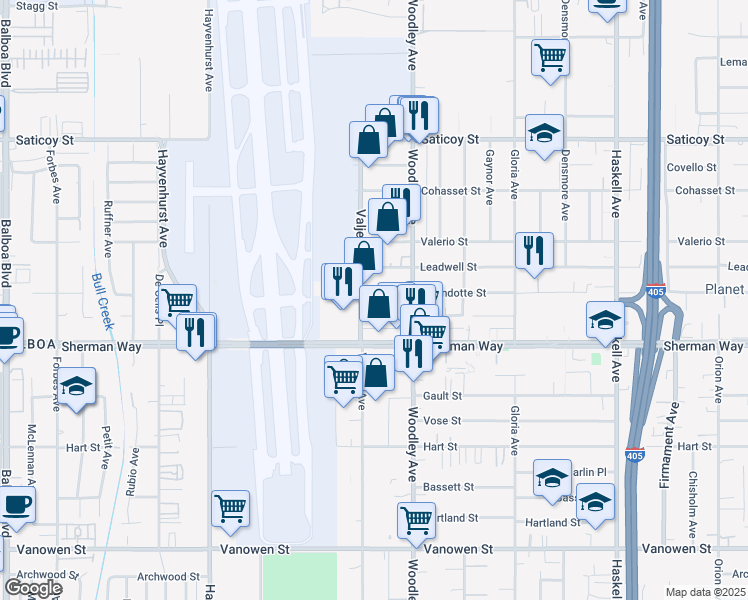 map of restaurants, bars, coffee shops, grocery stores, and more near 16138 Wyandotte Street in Los Angeles