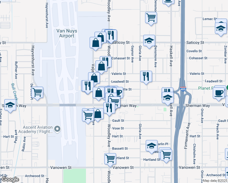 map of restaurants, bars, coffee shops, grocery stores, and more near 16046 Wyandotte Street in Los Angeles