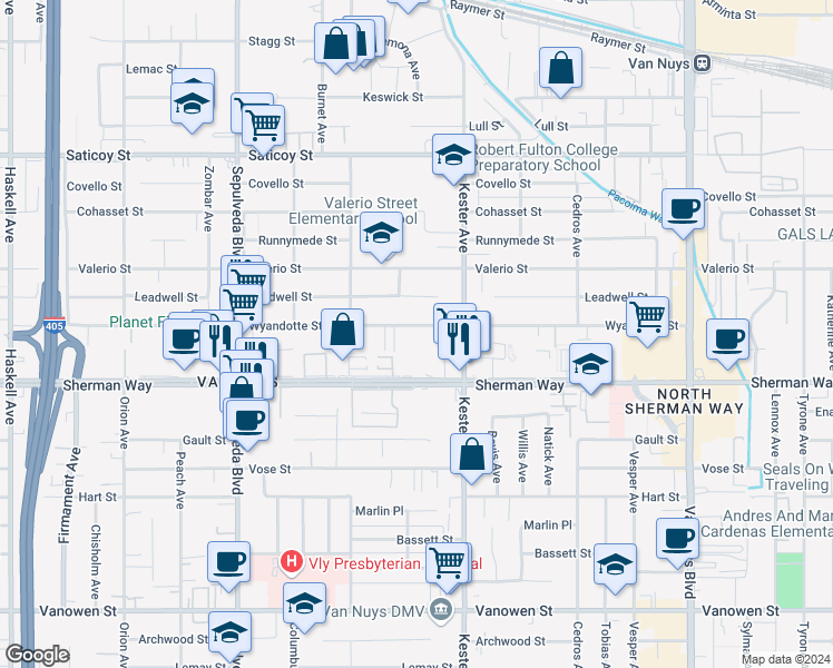 map of restaurants, bars, coffee shops, grocery stores, and more near 14954 Wyandotte Street in Los Angeles