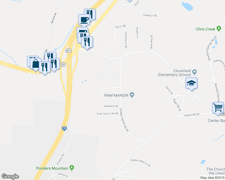 map of restaurants, bars, coffee shops, grocery stores, and more near 31 Rock Fence Circle Southeast in Cartersville