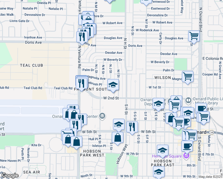 map of restaurants, bars, coffee shops, grocery stores, and more near 1110 West 1st Street in Oxnard
