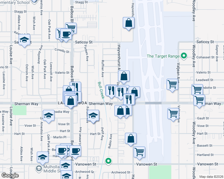 map of restaurants, bars, coffee shops, grocery stores, and more near 7252 Rubio Avenue in Los Angeles