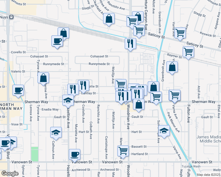 map of restaurants, bars, coffee shops, grocery stores, and more near 13808 Wyandotte Street in Los Angeles