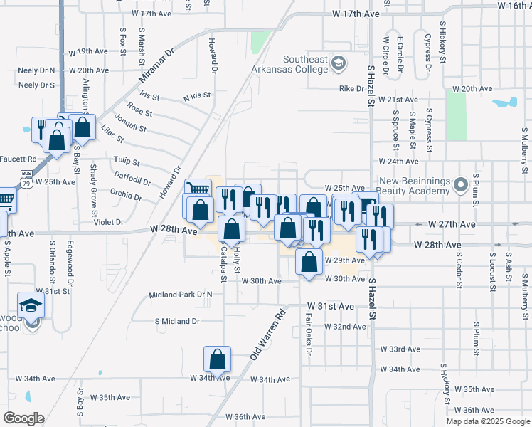 map of restaurants, bars, coffee shops, grocery stores, and more near 2707 West 27th Avenue in Pine Bluff
