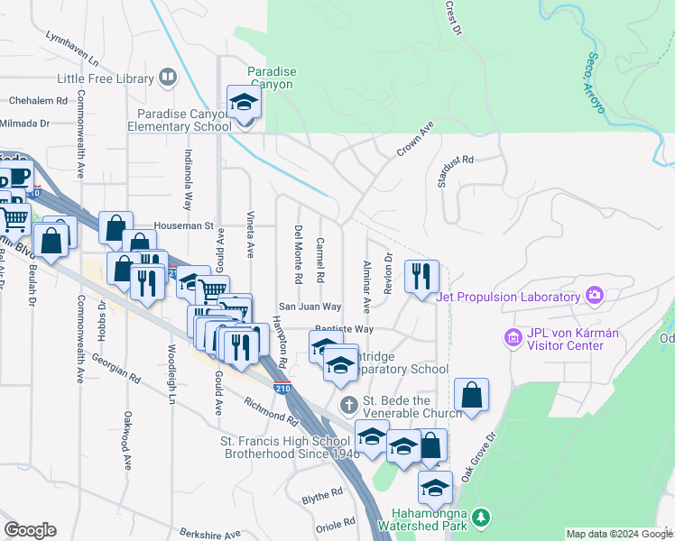 map of restaurants, bars, coffee shops, grocery stores, and more near 4841 Crown Avenue in La Cañada Flintridge