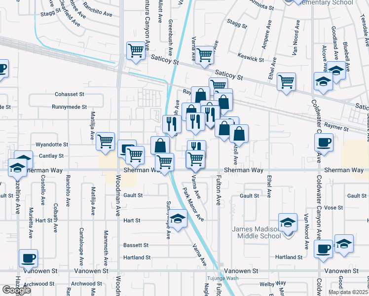 map of restaurants, bars, coffee shops, grocery stores, and more near 7311 Varna Avenue in Los Angeles