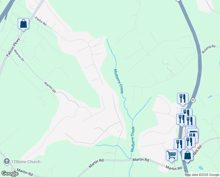 map of restaurants, bars, coffee shops, grocery stores, and more near 4105 Parks Road in Flowery Branch