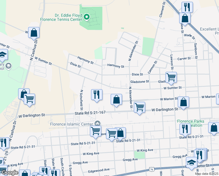 map of restaurants, bars, coffee shops, grocery stores, and more near 1118 West Sumter Street in Florence