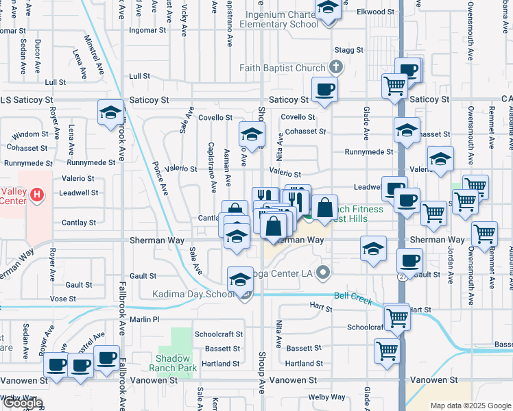map of restaurants, bars, coffee shops, grocery stores, and more near 7300 Sausalito Avenue in Los Angeles