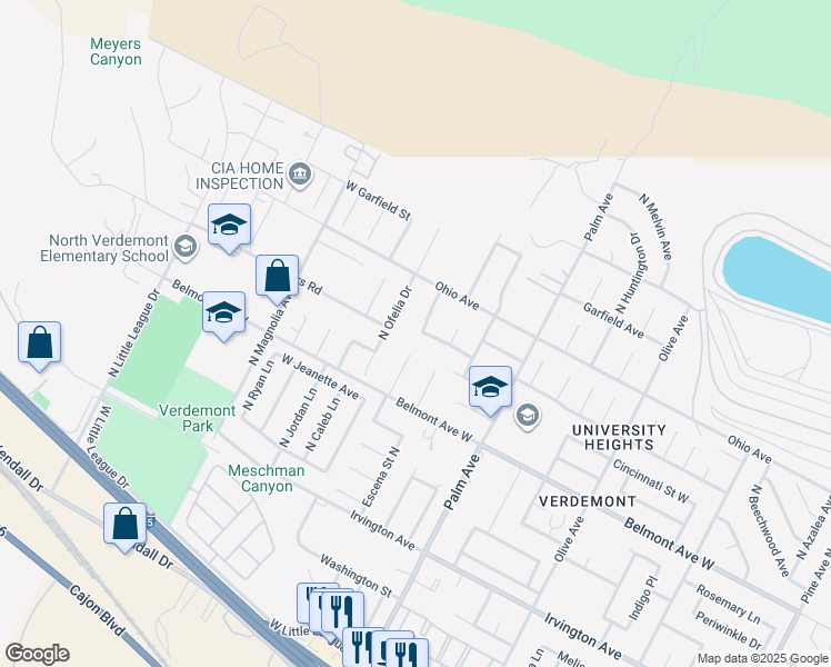 map of restaurants, bars, coffee shops, grocery stores, and more near 4704 North Chason Way in San Bernardino