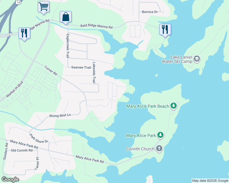 map of restaurants, bars, coffee shops, grocery stores, and more near 2555 Chattahoochee Lane in Cumming