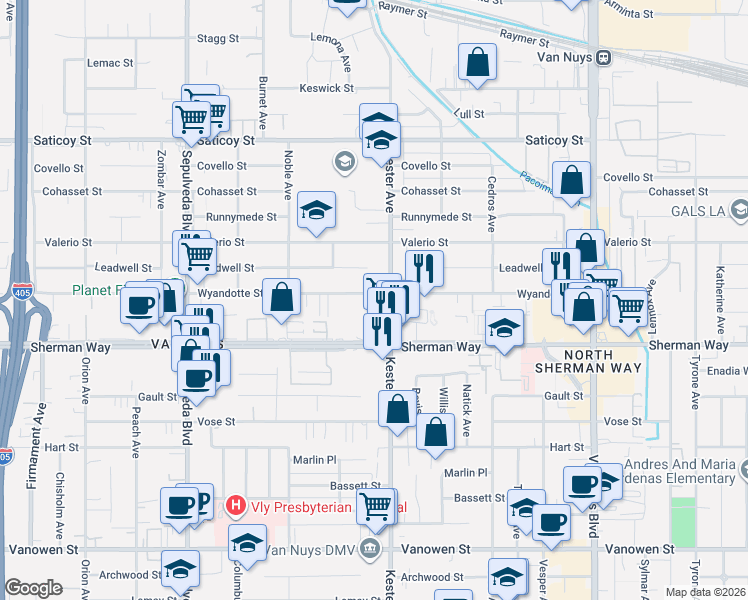 map of restaurants, bars, coffee shops, grocery stores, and more near 14916 1/2 Wyandotte Street in Los Angeles