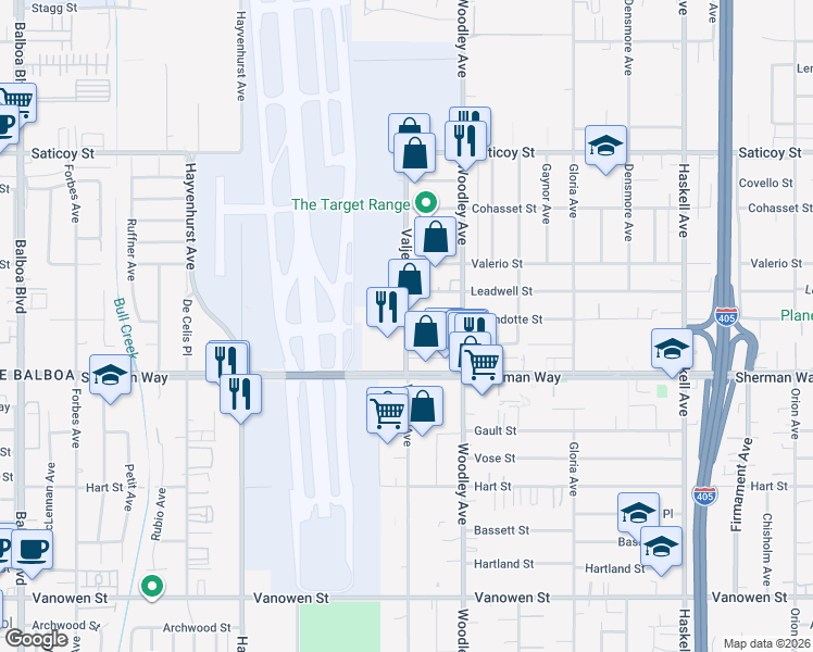 map of restaurants, bars, coffee shops, grocery stores, and more near 7277 Valjean Ave in Los Angeles