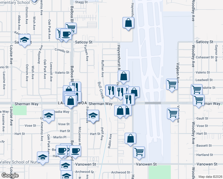 map of restaurants, bars, coffee shops, grocery stores, and more near 7260 Rubio Avenue in Los Angeles