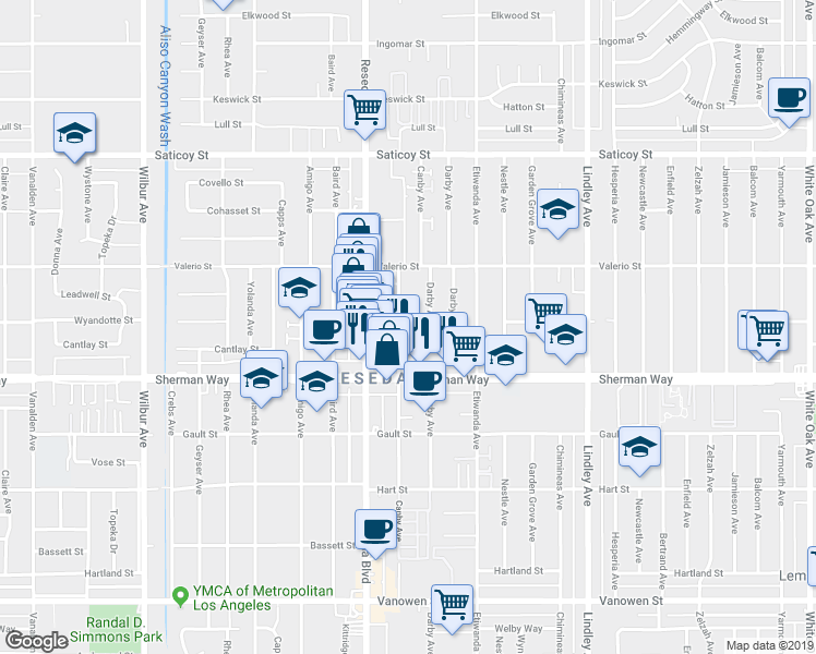map of restaurants, bars, coffee shops, grocery stores, and more near 7300 Canby Avenue in Los Angeles