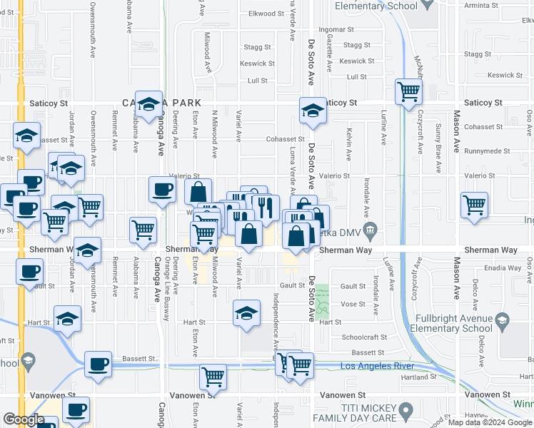 map of restaurants, bars, coffee shops, grocery stores, and more near 7255 Independence Avenue in Los Angeles