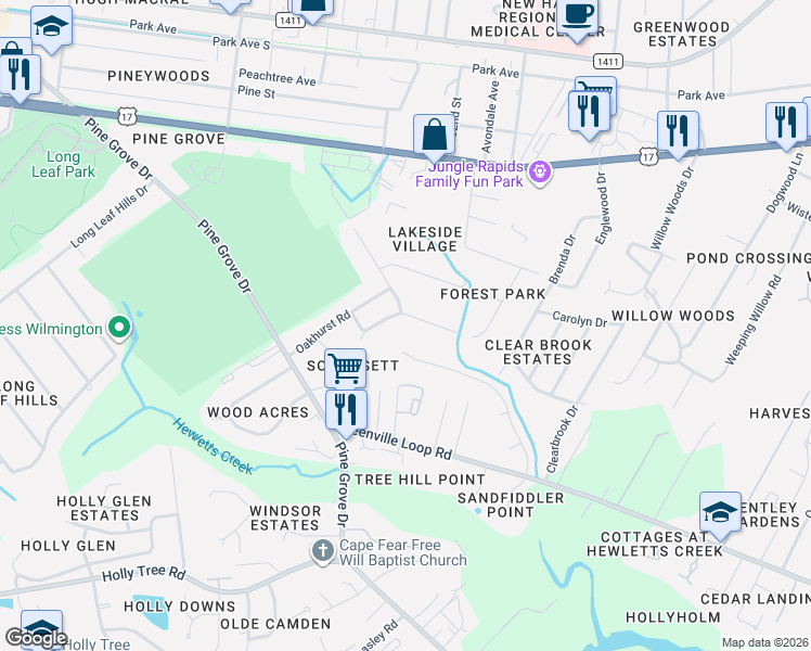 map of restaurants, bars, coffee shops, grocery stores, and more near 517-521 Baytree Road in Wilmington