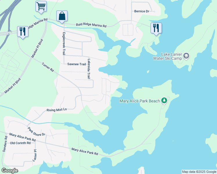 map of restaurants, bars, coffee shops, grocery stores, and more near 2555 Chattahoochee Lane in Cumming
