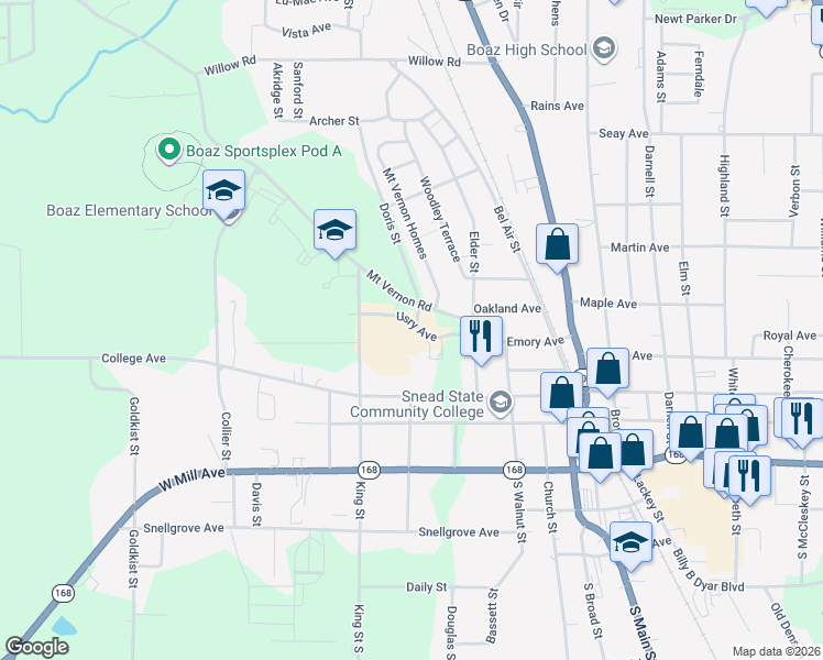 map of restaurants, bars, coffee shops, grocery stores, and more near Usry Avenue in Boaz