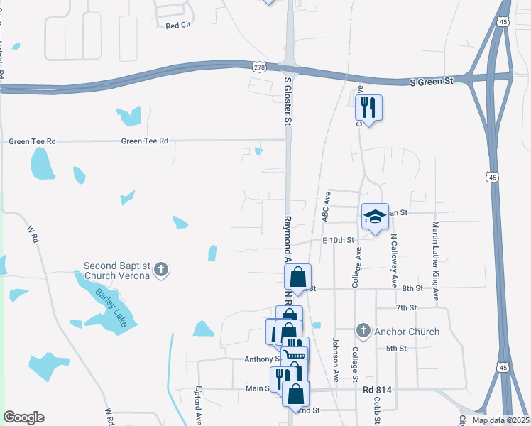 map of restaurants, bars, coffee shops, grocery stores, and more near 100 Luther Milsap Drive in Tupelo