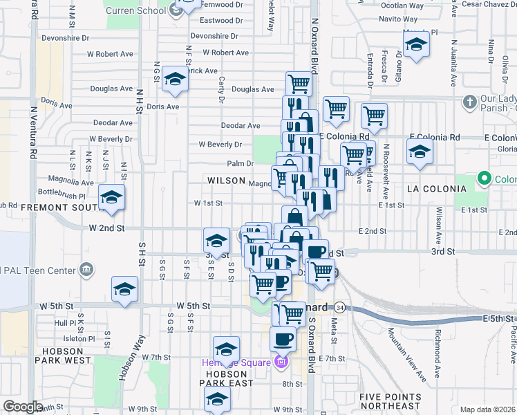 map of restaurants, bars, coffee shops, grocery stores, and more near 100 South C Street in Oxnard