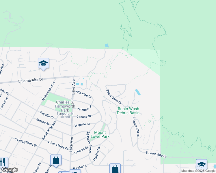 map of restaurants, bars, coffee shops, grocery stores, and more near 3510 Rubio Crest Drive in Altadena