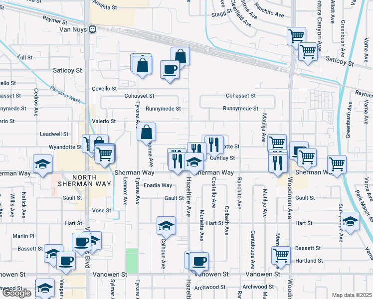 map of restaurants, bars, coffee shops, grocery stores, and more near 7256 Cherry Lane in Los Angeles
