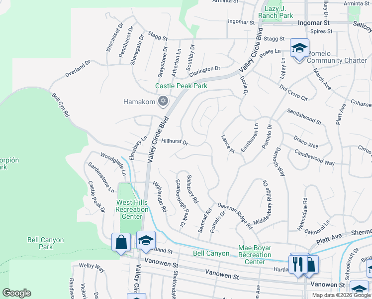 map of restaurants, bars, coffee shops, grocery stores, and more near 7257 Whitehall Lane in Los Angeles