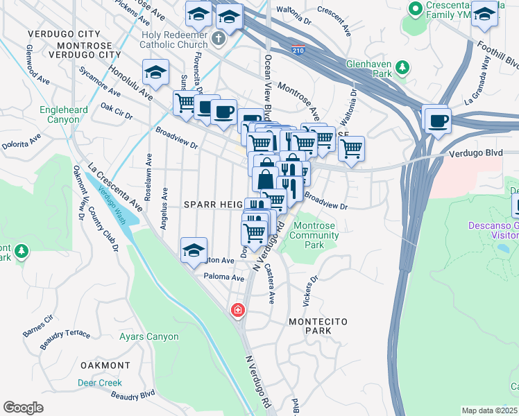 map of restaurants, bars, coffee shops, grocery stores, and more near 3507 Ocean View Boulevard in Glendale