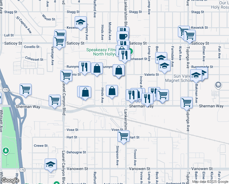map of restaurants, bars, coffee shops, grocery stores, and more near 7249 Lankershim Boulevard in Los Angeles