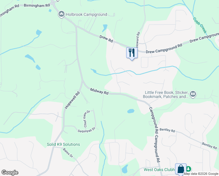 map of restaurants, bars, coffee shops, grocery stores, and more near 7820 Midway Road in Alpharetta