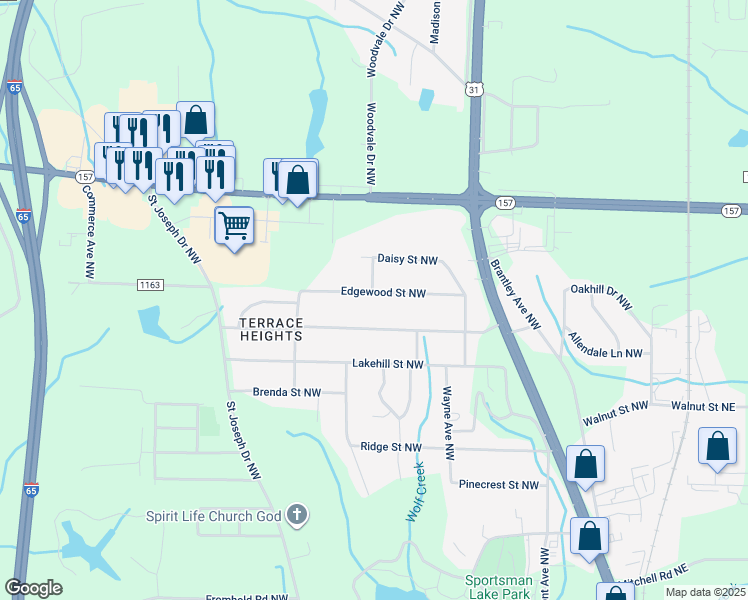 map of restaurants, bars, coffee shops, grocery stores, and more near 1636 Edgewood Street Northwest in Cullman