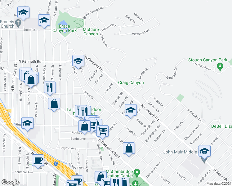 map of restaurants, bars, coffee shops, grocery stores, and more near 718 Hampton Road in Burbank