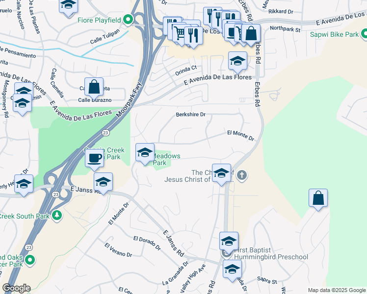 map of restaurants, bars, coffee shops, grocery stores, and more near 1932 El Monte Drive in Thousand Oaks