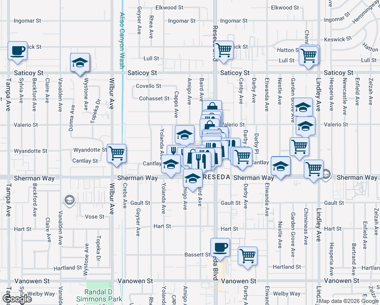 map of restaurants, bars, coffee shops, grocery stores, and more near 7262 Amigo Avenue in Los Angeles