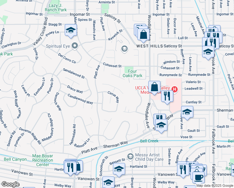map of restaurants, bars, coffee shops, grocery stores, and more near 23318 Sandalwood Street in Los Angeles