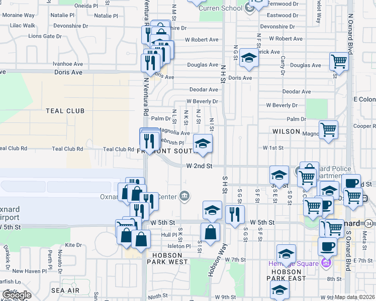 map of restaurants, bars, coffee shops, grocery stores, and more near 1160 West 1st Street in Oxnard