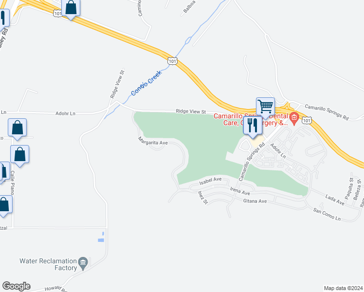 map of restaurants, bars, coffee shops, grocery stores, and more near 39 Margarita Avenue in Camarillo