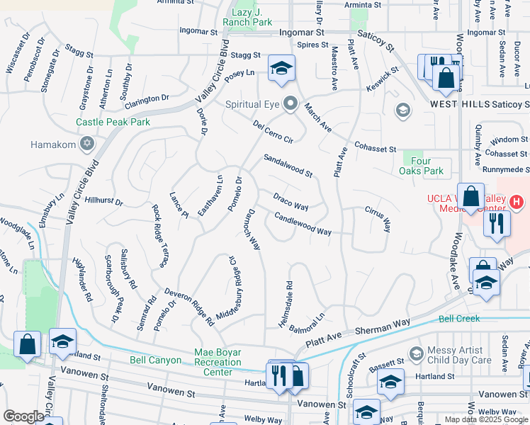 map of restaurants, bars, coffee shops, grocery stores, and more near 7297 Pondera Circle in Los Angeles