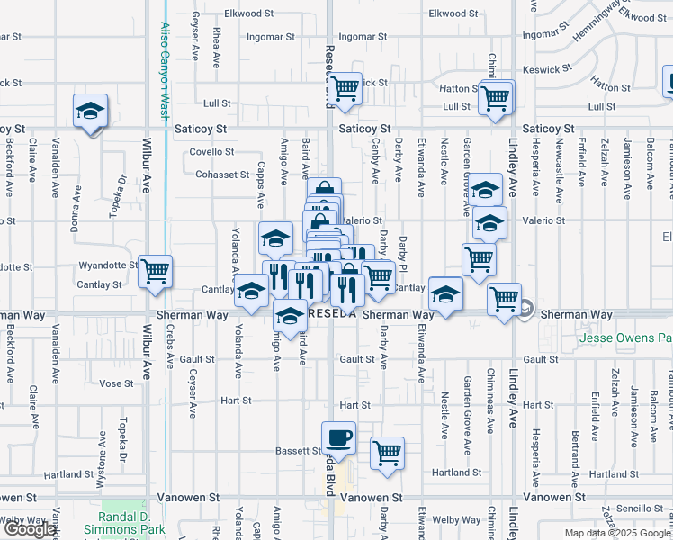 map of restaurants, bars, coffee shops, grocery stores, and more near 7256 Reseda Boulevard in Los Angeles