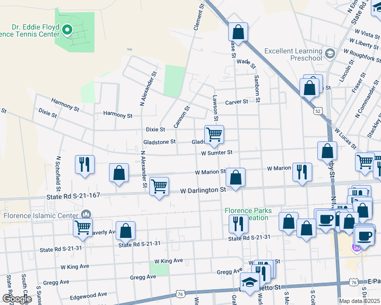map of restaurants, bars, coffee shops, grocery stores, and more near 805 West Sumter Street in Florence