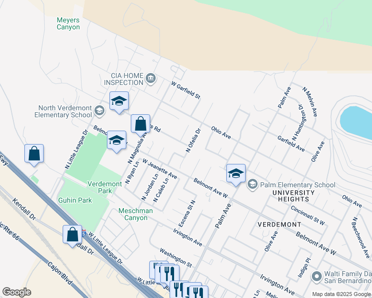 map of restaurants, bars, coffee shops, grocery stores, and more near 3189 West Meyers Road in San Bernardino