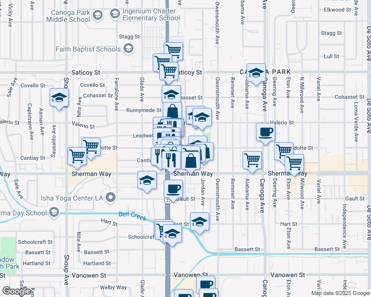 map of restaurants, bars, coffee shops, grocery stores, and more near Vassar Avenue in Los Angeles