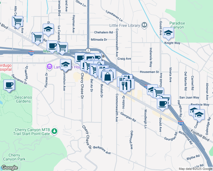 map of restaurants, bars, coffee shops, grocery stores, and more near 842 Foothill Boulevard in La Cañada Flintridge