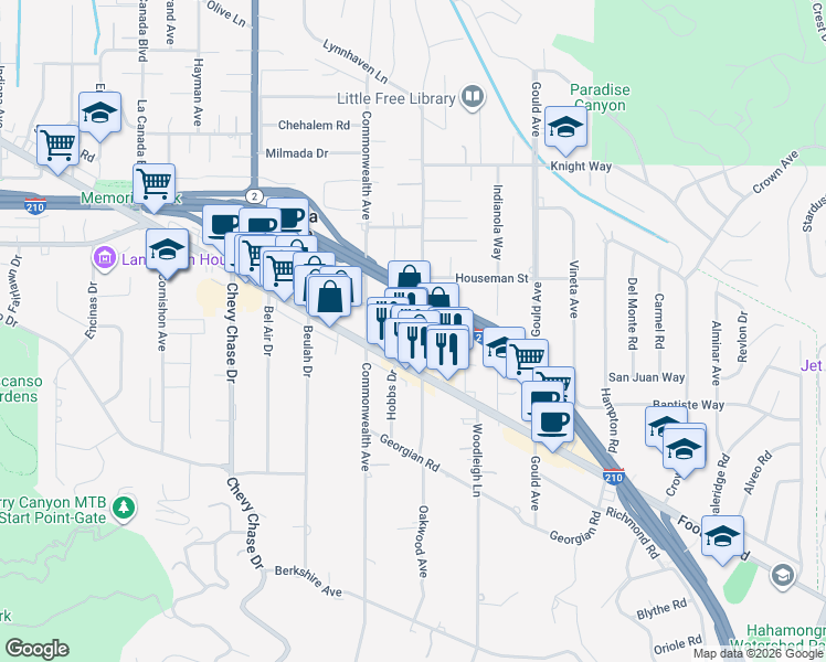 map of restaurants, bars, coffee shops, grocery stores, and more near 4545 North Oakwood Avenue in La Cañada Flintridge
